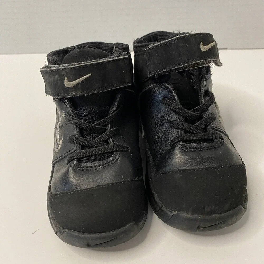 Nike Kids High Top Sneakers Black Leather Athletic Shoes Hook Loop Strap Size 6C